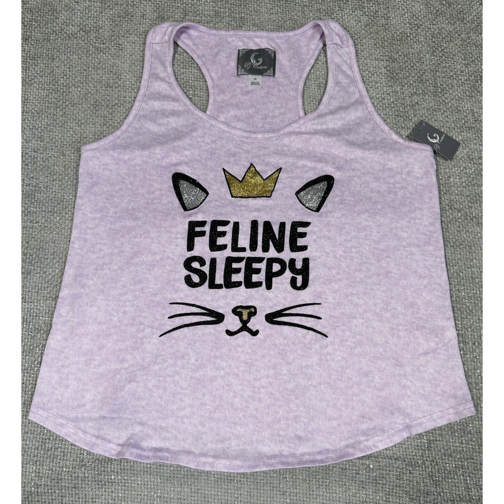 PJ Couture Pajama Top Womens 1X Purple Glitter Feline Sleepy Cat‎ Lounge